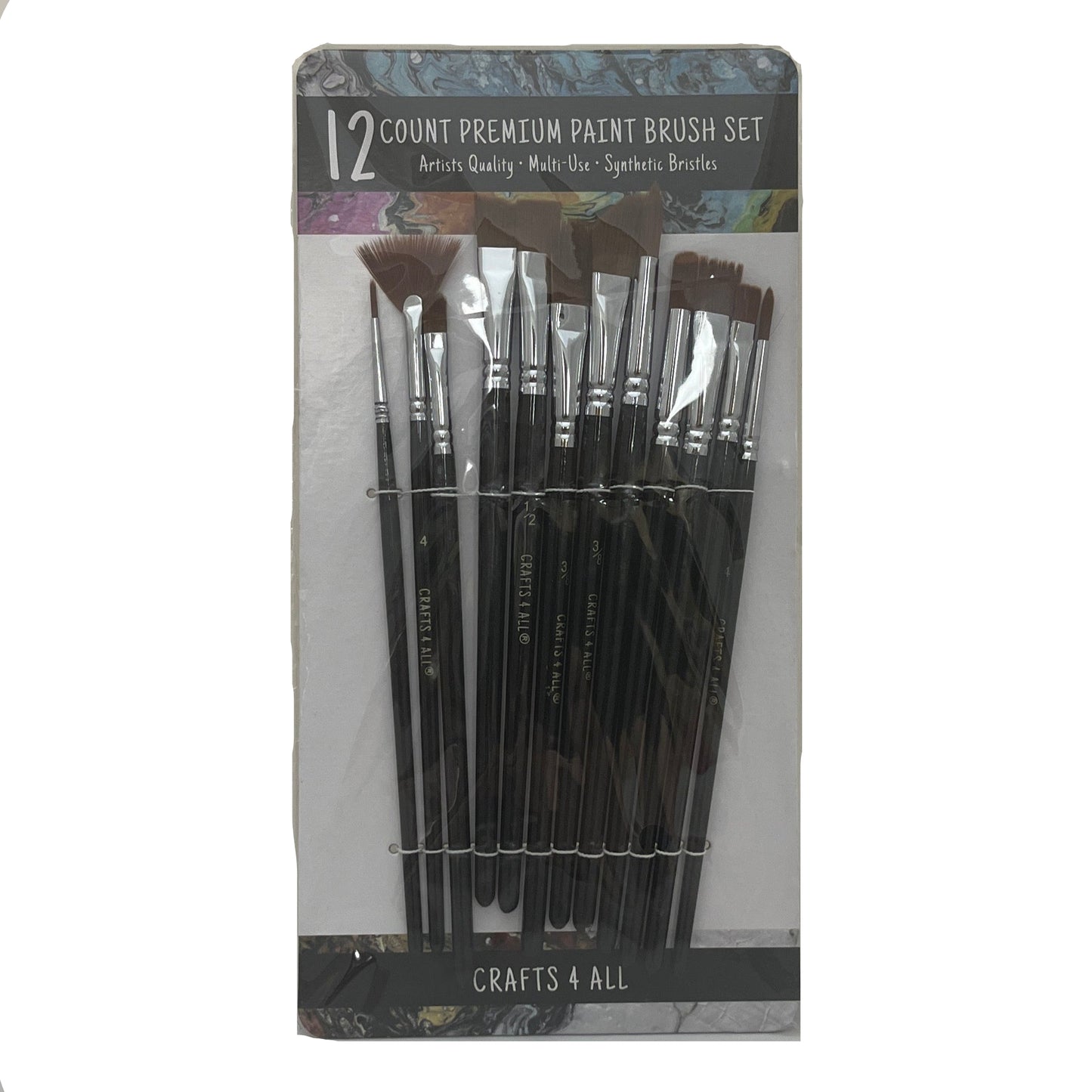 Packaged set of 12 premium paint brushes with 'Crafts & All' branding on a white background.