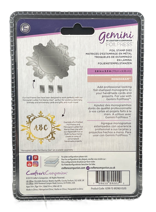 Foil press stamp set packaging with branding and product details.