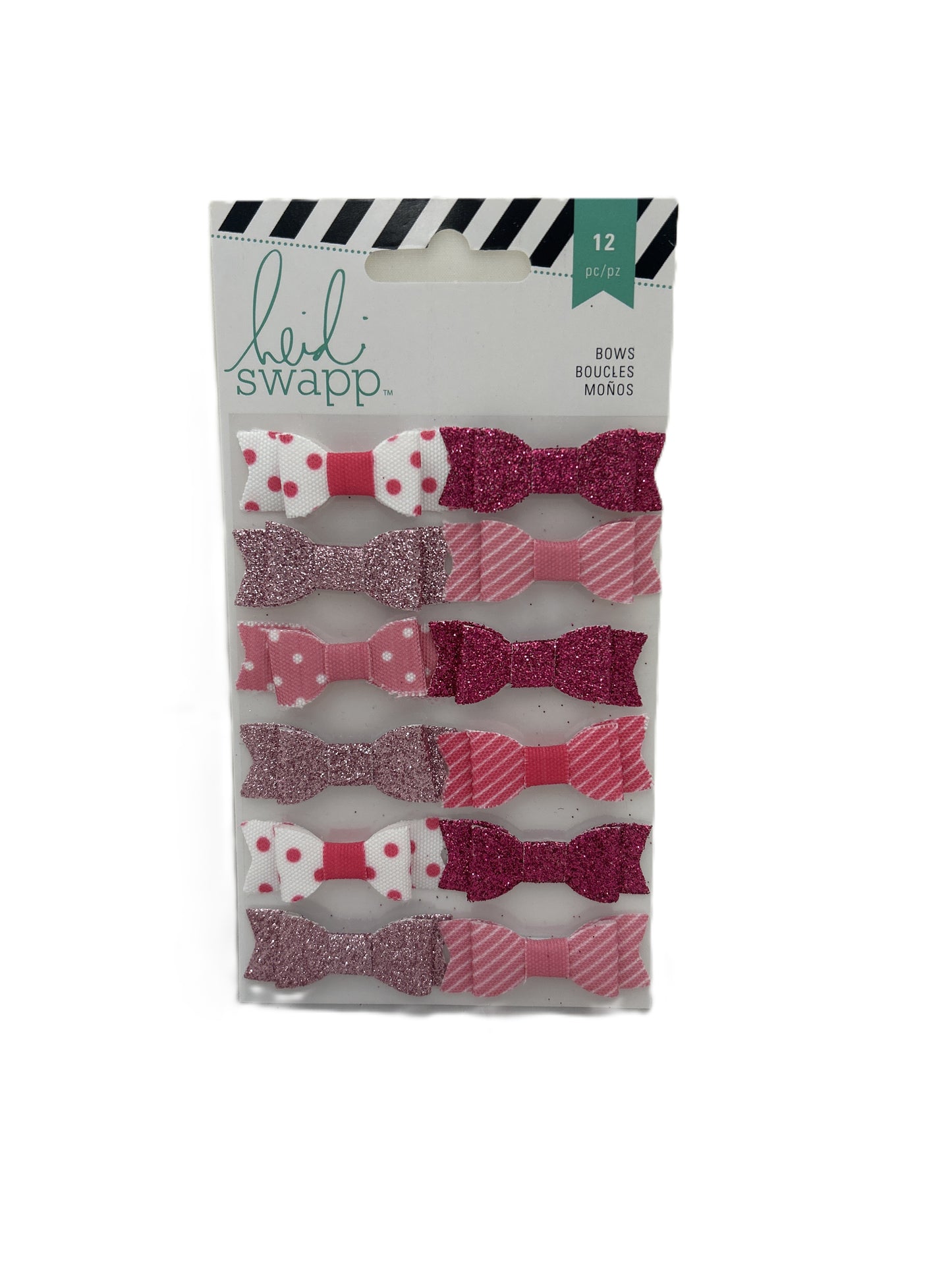 Pack of hair bows with various designs on a branded package