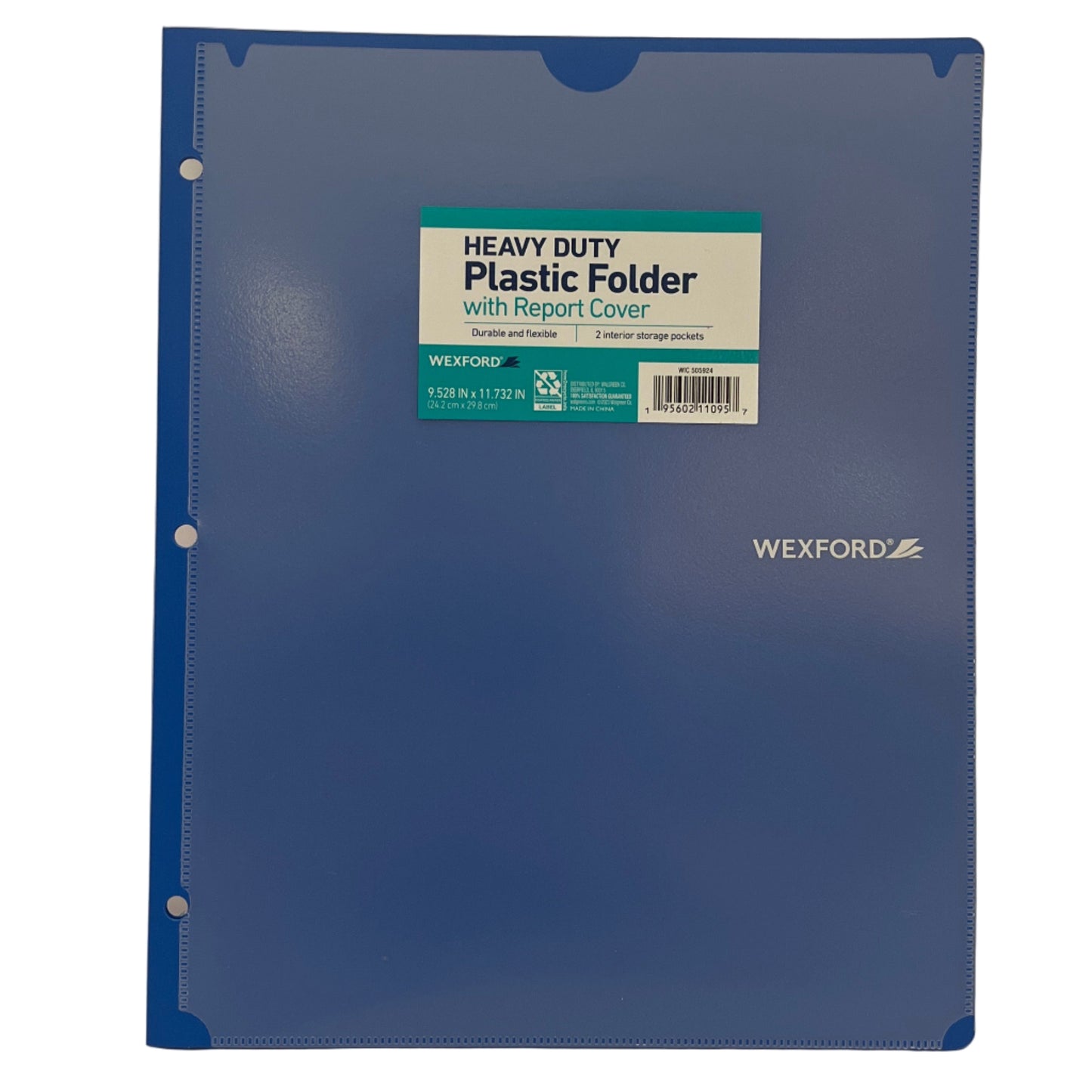 Blue heavy-duty plastic folder with report cover by Wexford on a white background