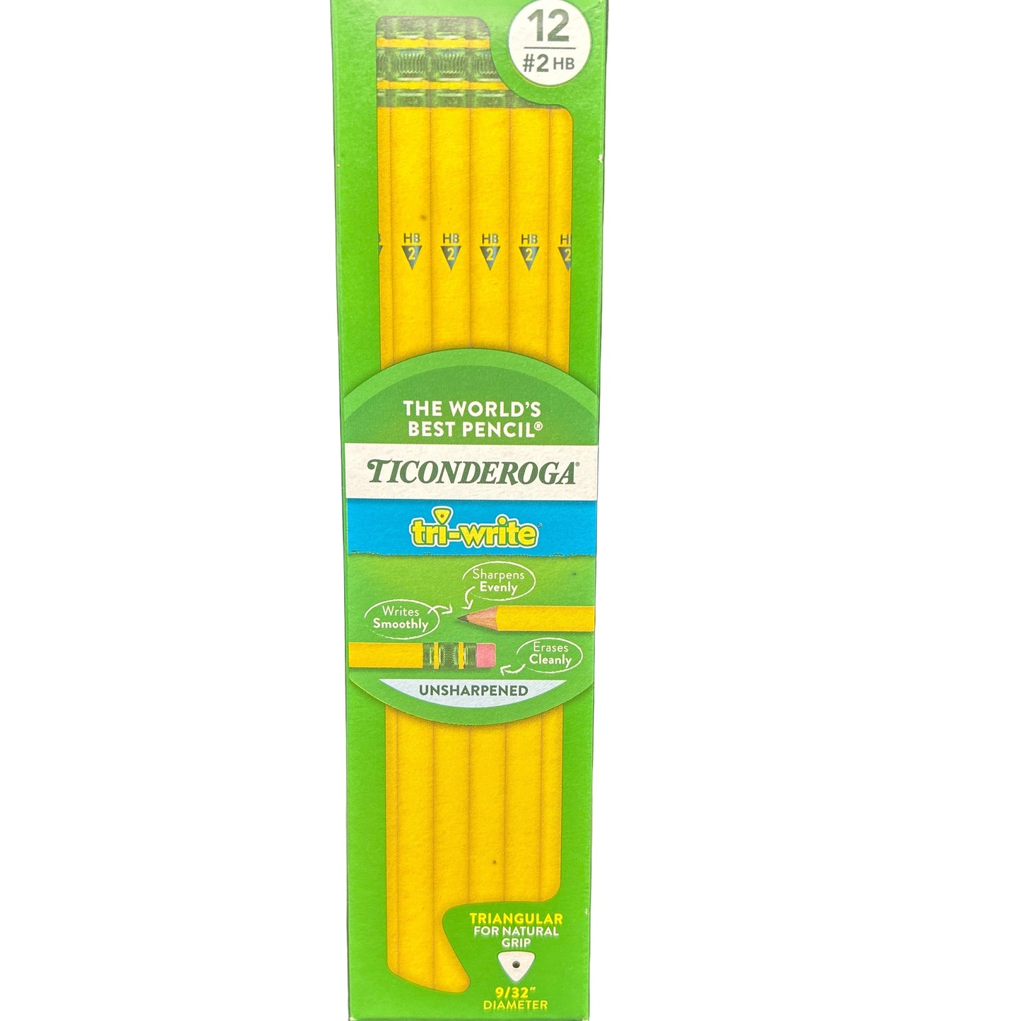 Ticonderoga pencils in a green packaging with yellow pencils on a white background