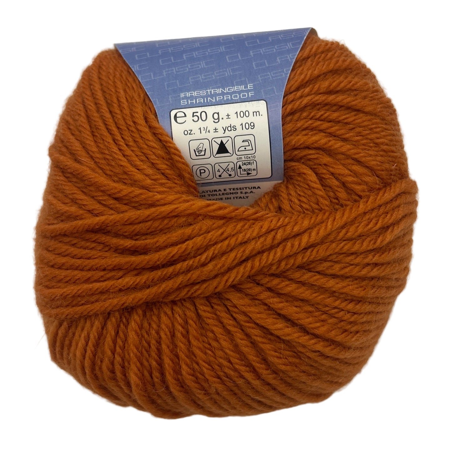 Ball of orange yarn with a label on a white background