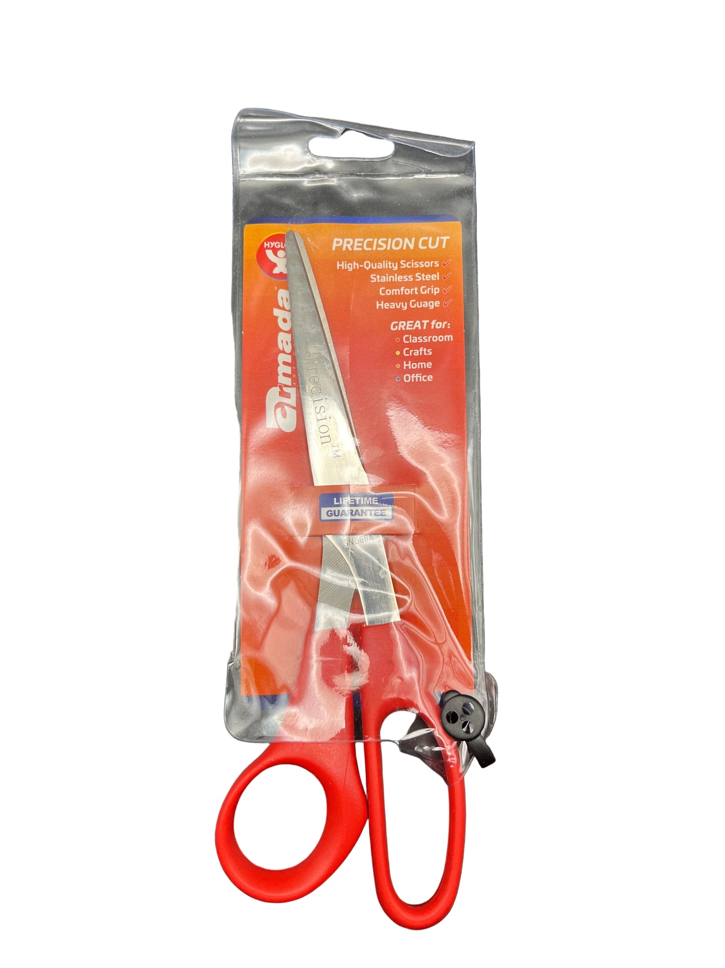 Red-handled scissors with packaging on a black background