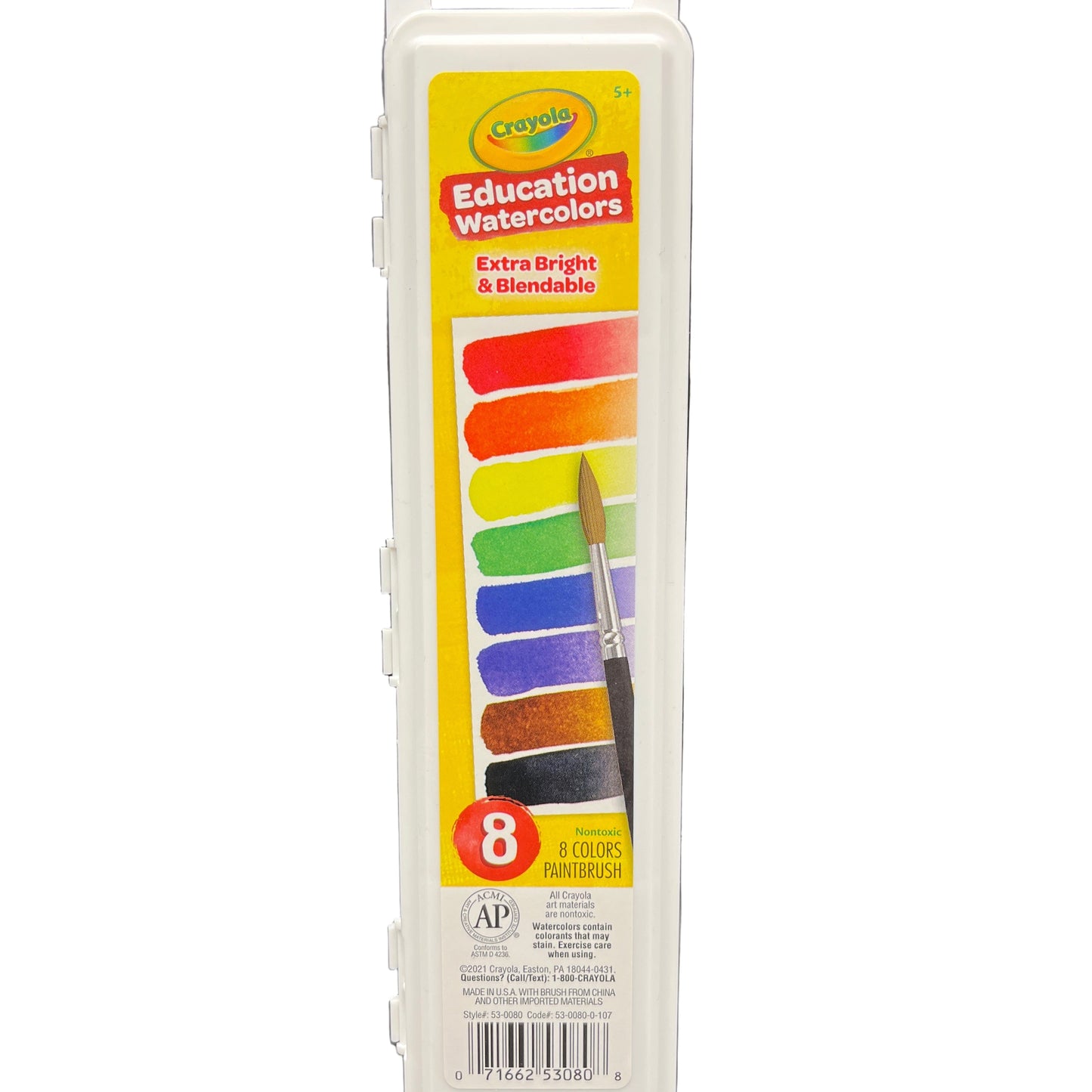 Crayola education watercolors packaging with a brush on a white background