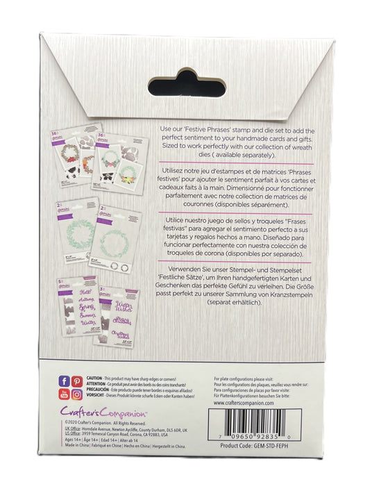 Product packaging with stamps and die set on a white background