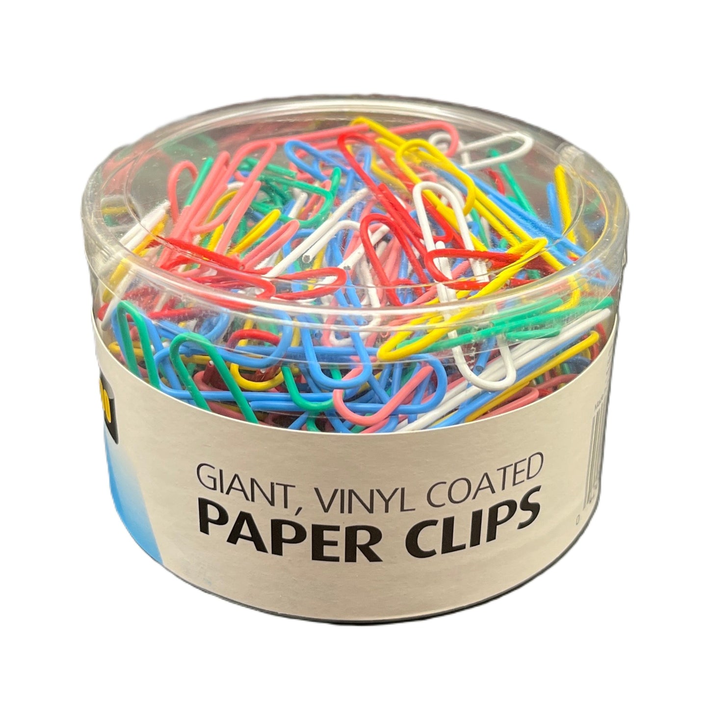 Container of colorful giant paper clips with a clear lid on a white background