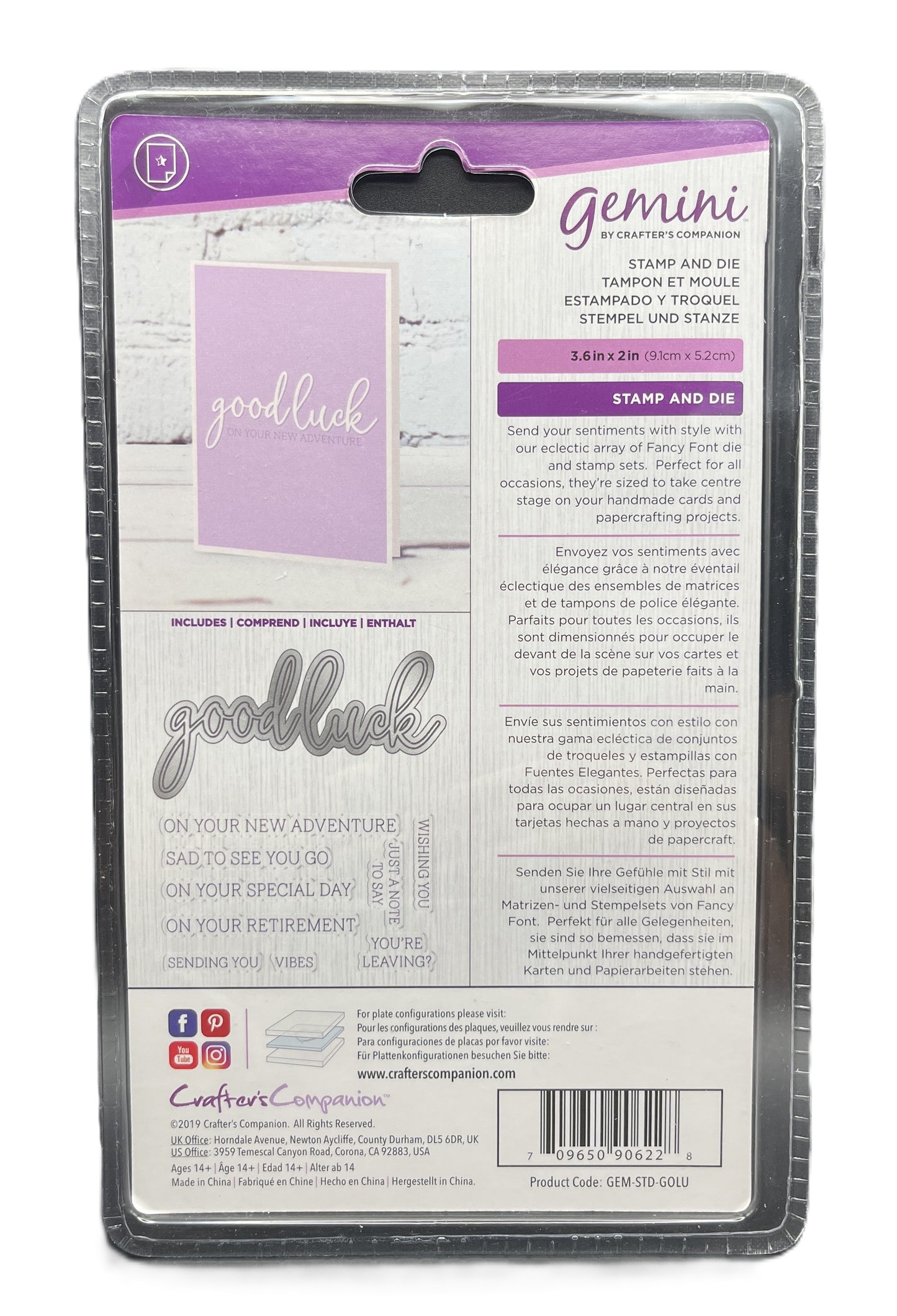 Packaging of Gemini stamp and die set with 'good luck' text on a white background