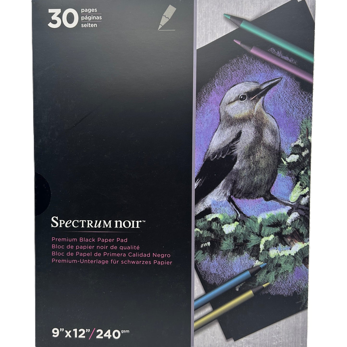 Spectrum Noir black paper pad with a bird illustration on a white background