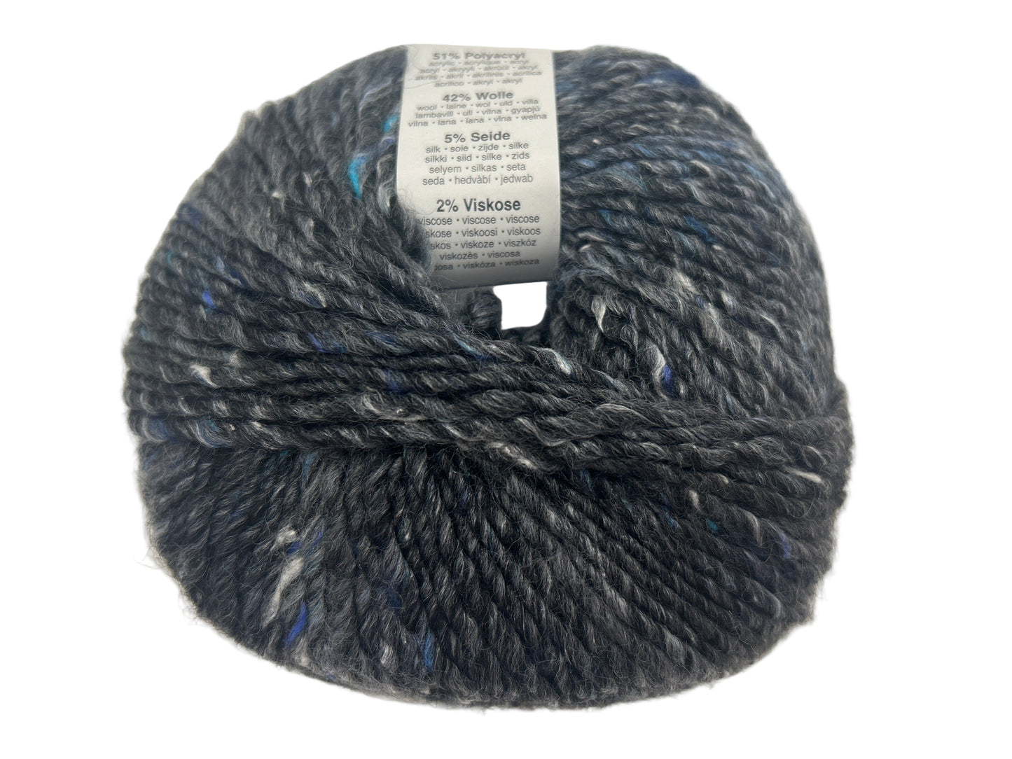 Gray skein of yarn with a label on a white background