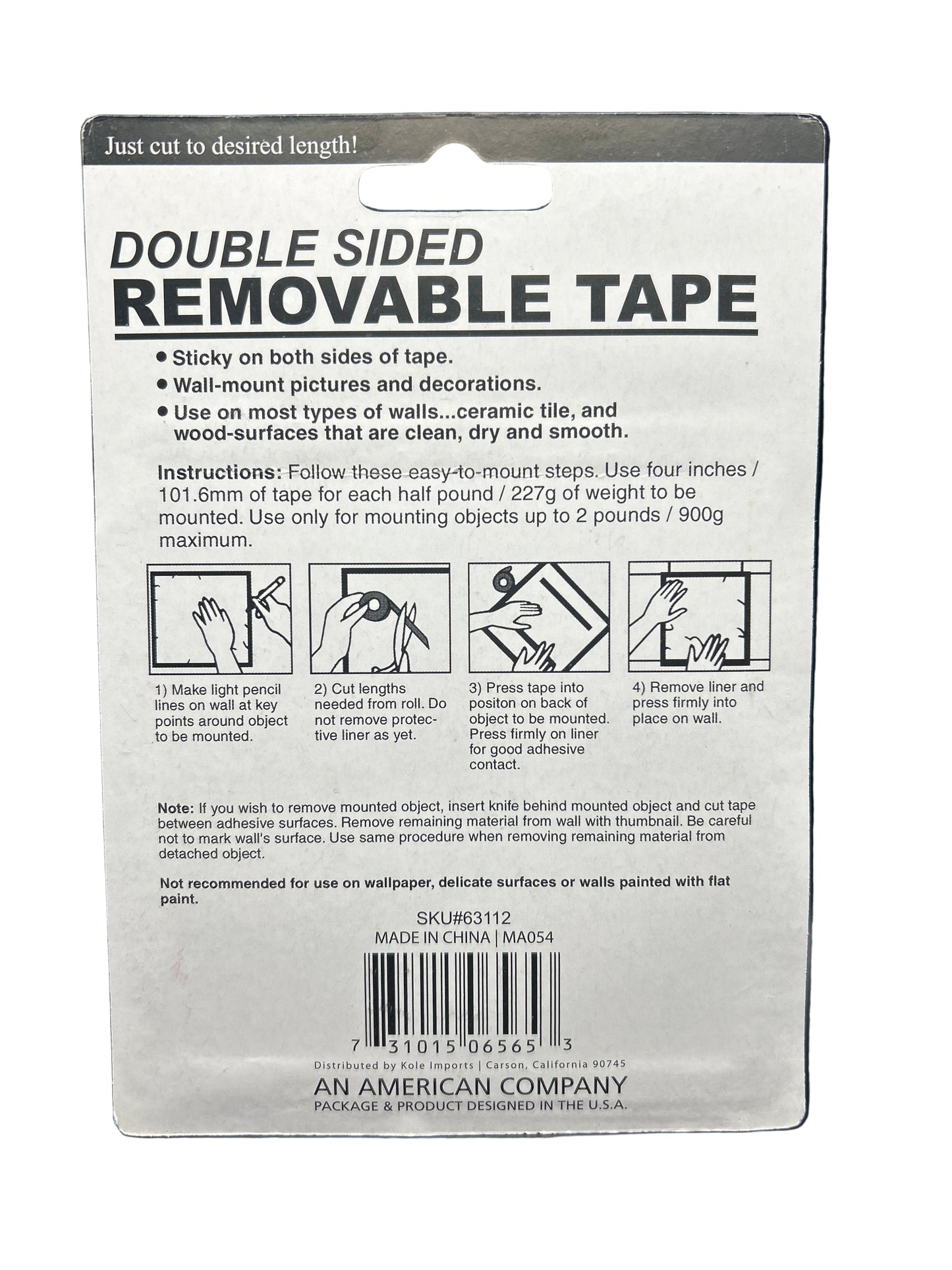 Double-sided removable tape packaging with instructions and branding on a black background