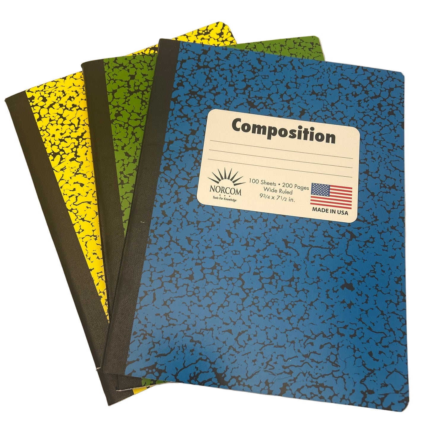Four composition notebooks in different colors with a visible brand label on a white background.