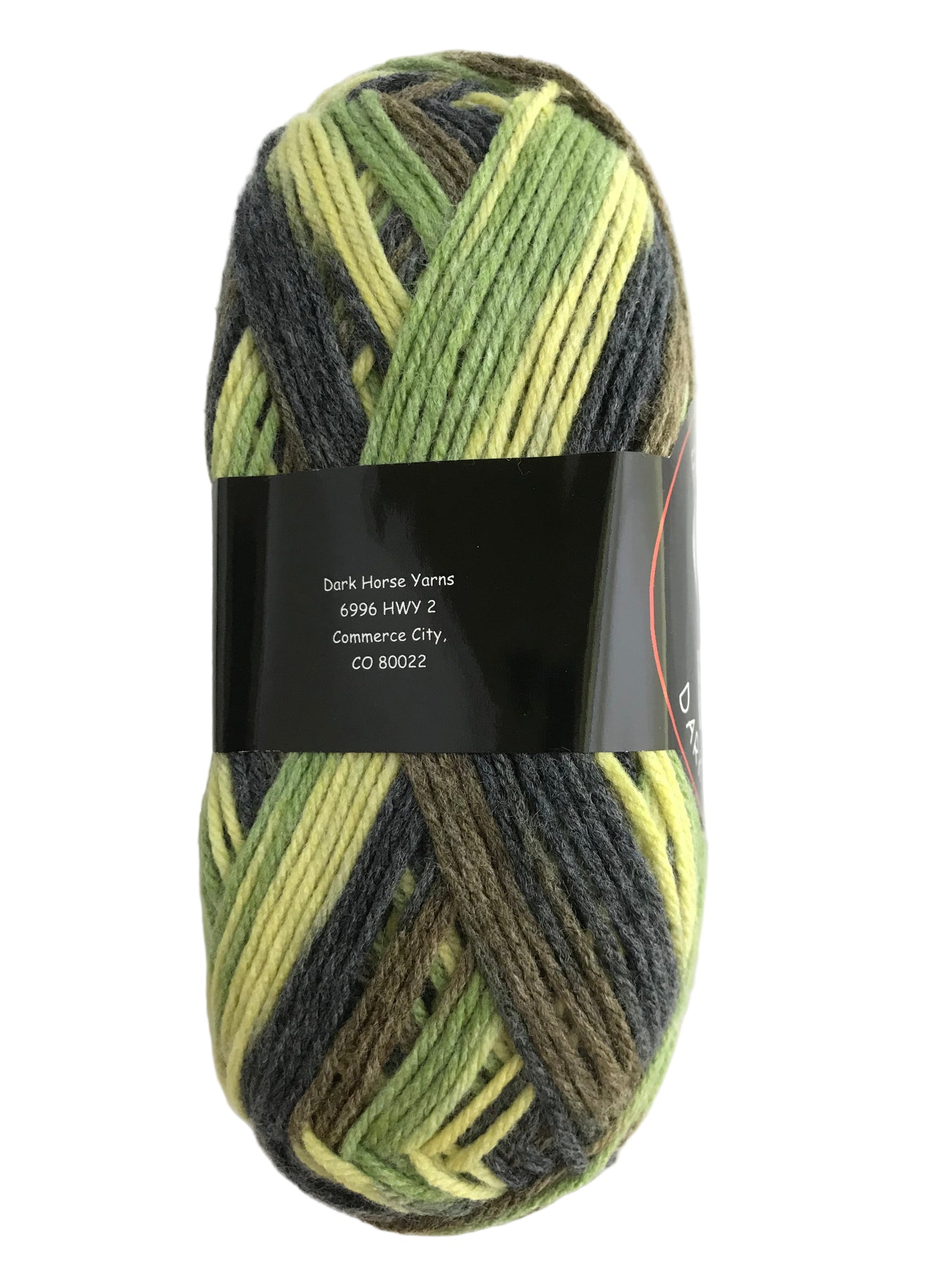 Multicolored yarn ball with a label on a white background