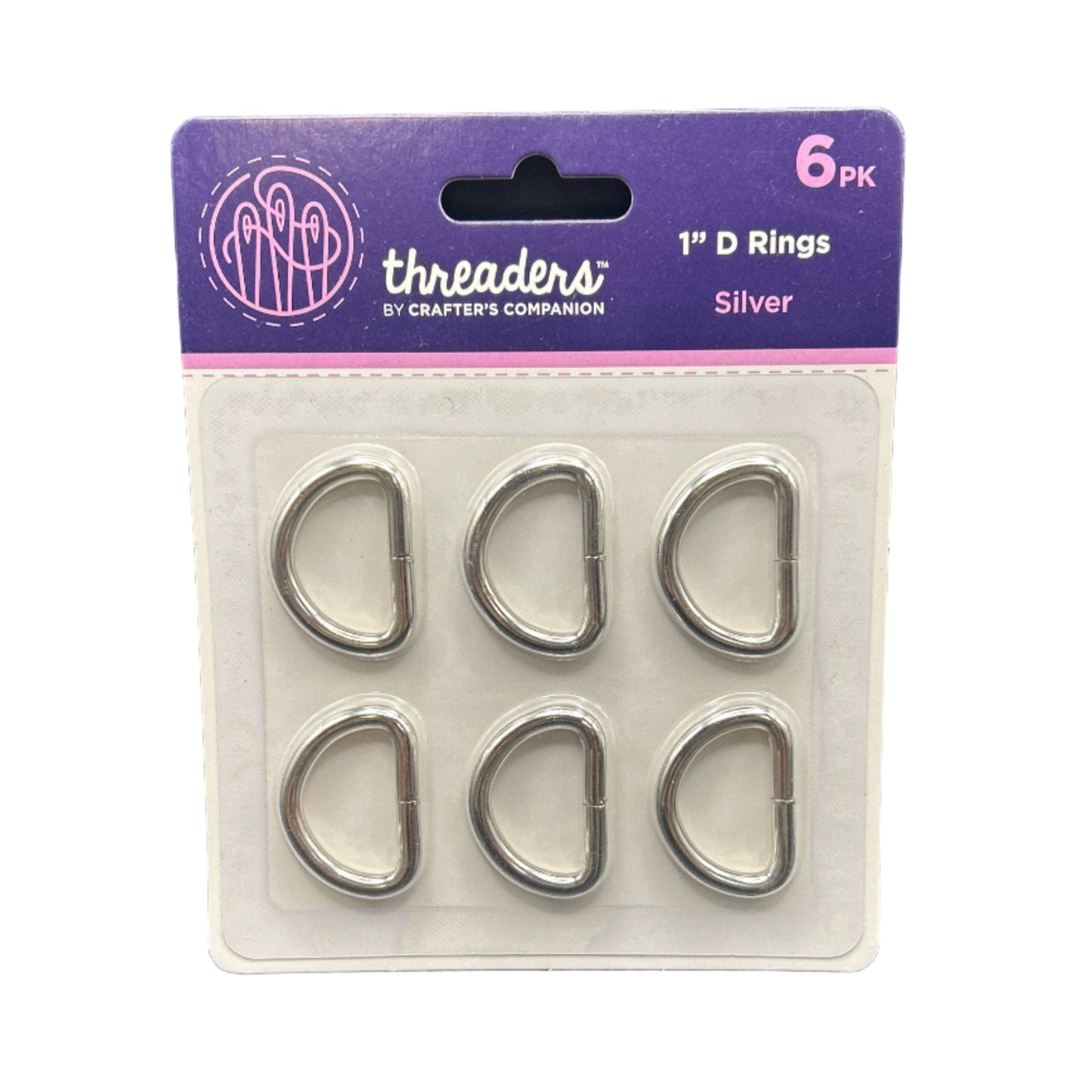 Pack of six silver D-rings with 'threaders by Crafter's Companion' packaging on a white background