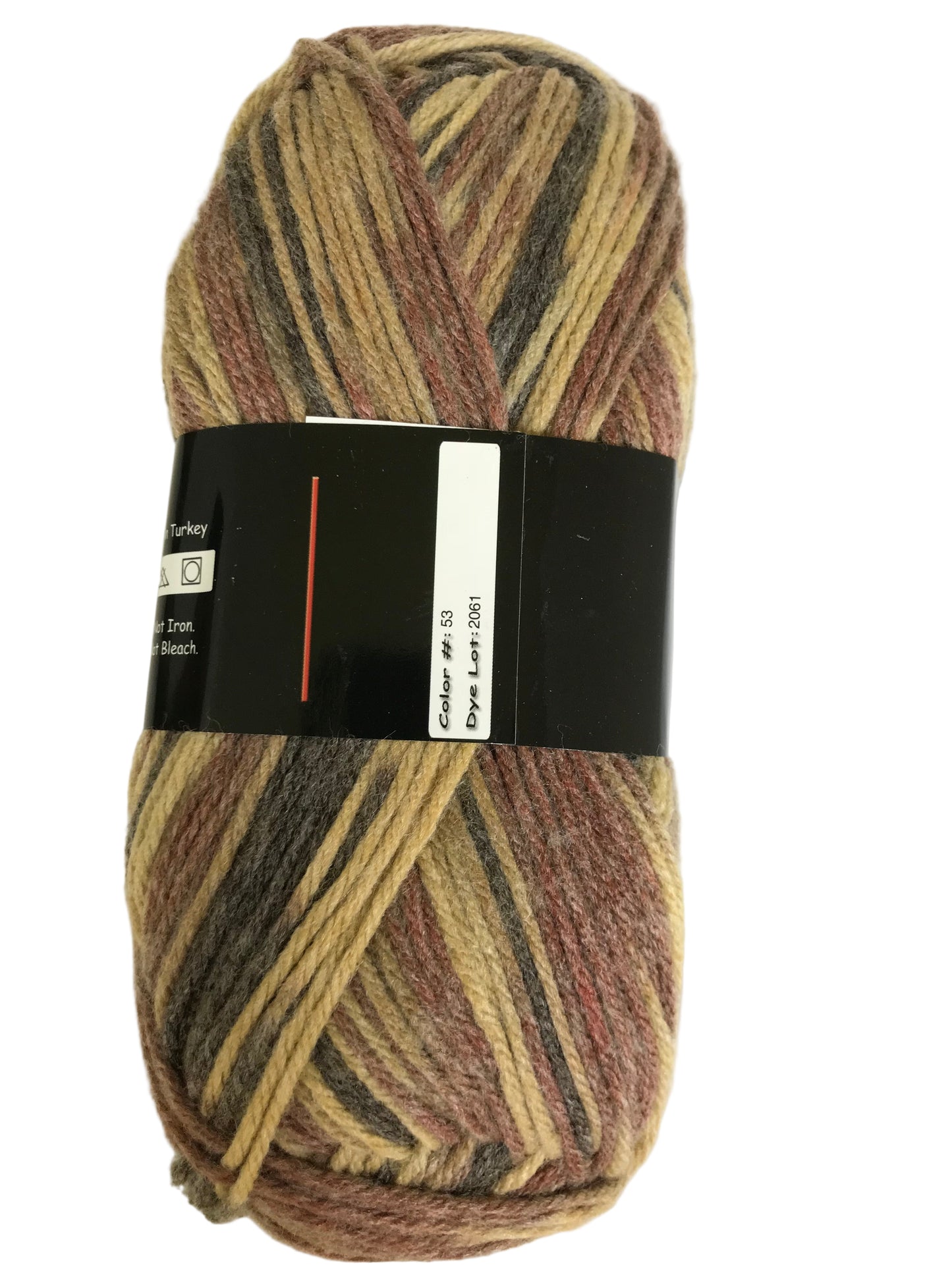 Multicolored yarn ball with a label on a white background