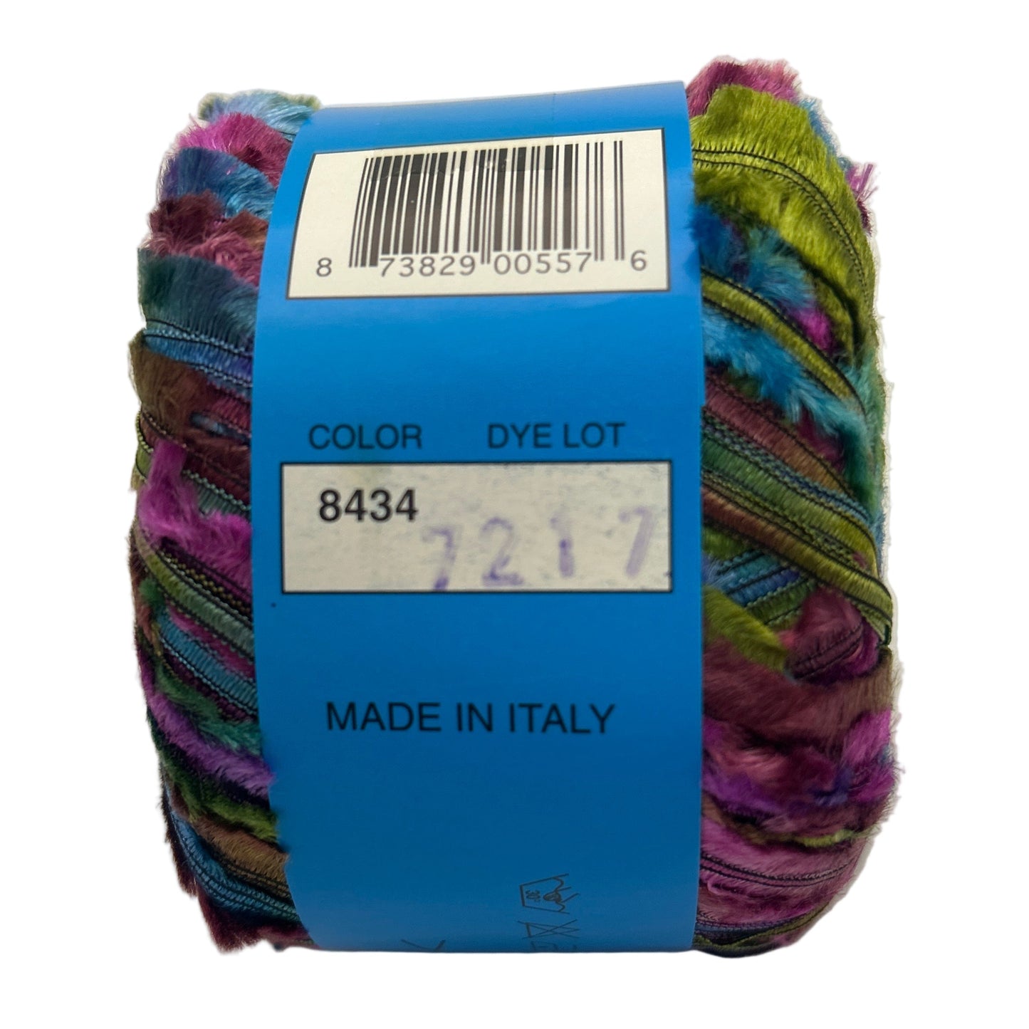 Multicolored skein of yarn with a blue label on a white background