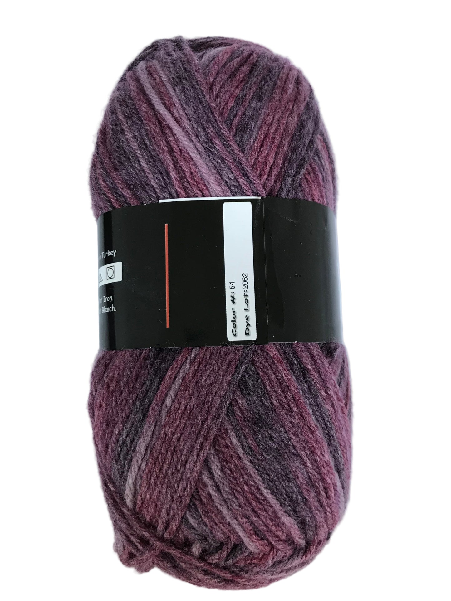 Purple skein of yarn with a label on a white background