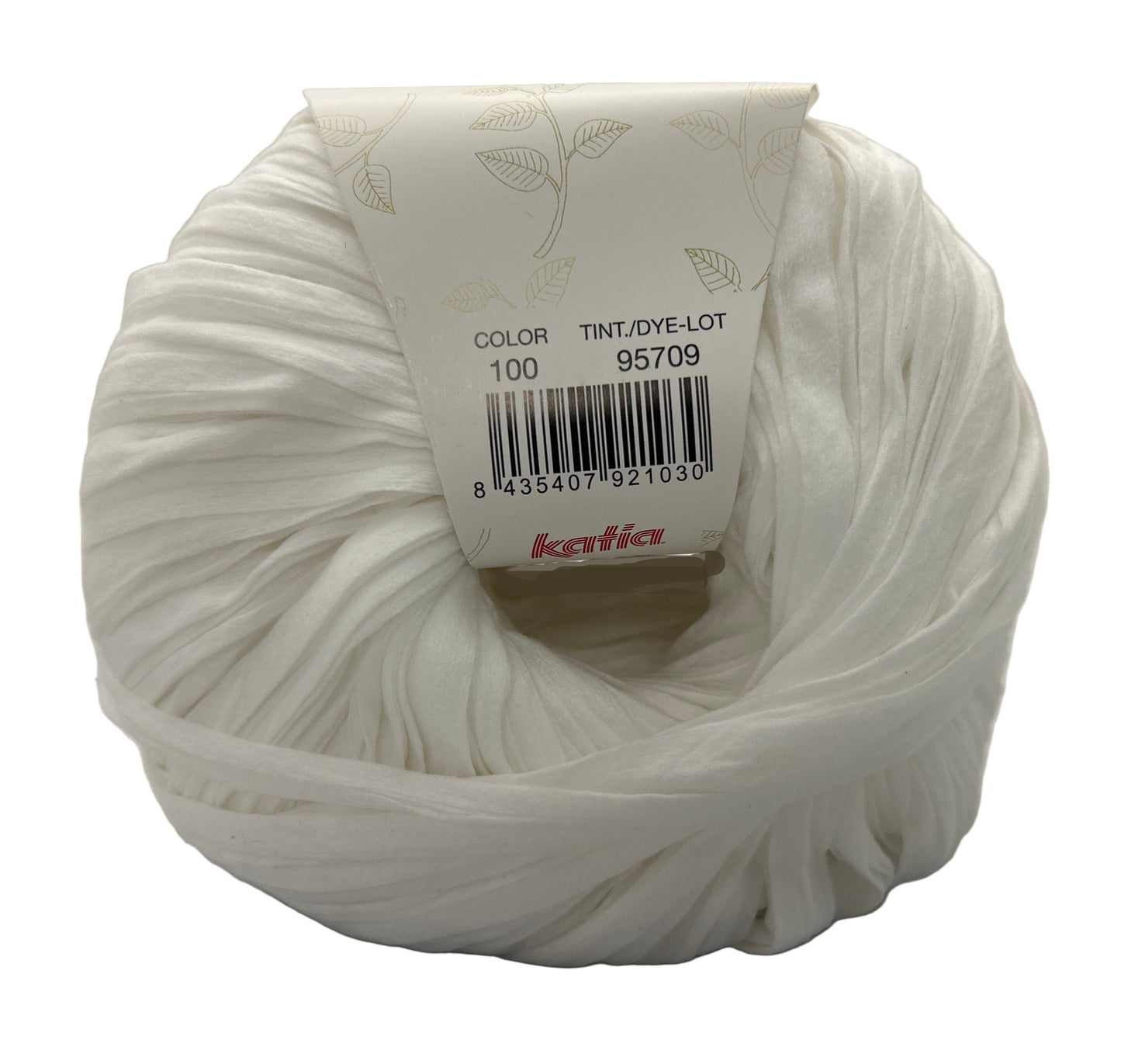 White yarn ball with a label on a white background