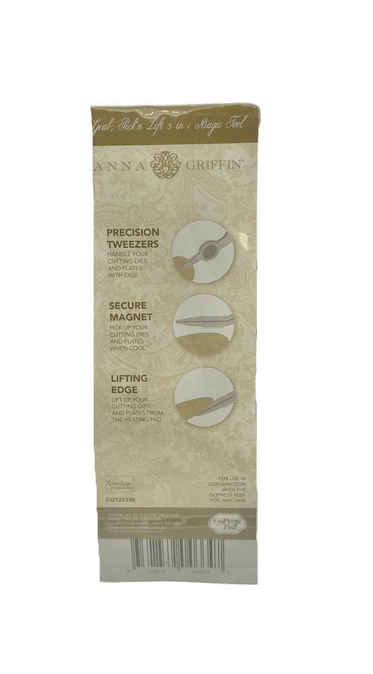 Packaging of Anna Griffin precision tweezers on a white background