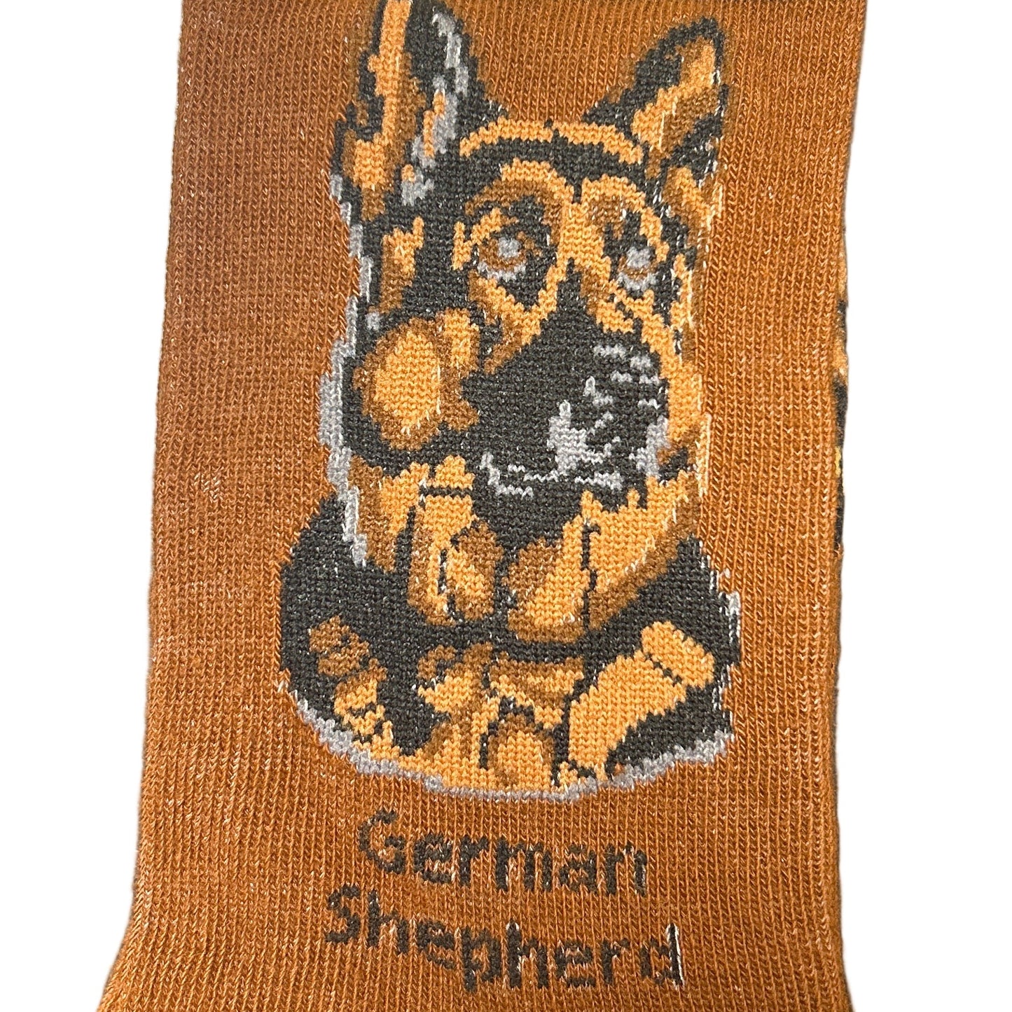 Sock with German Shepherd design and 'Socks By Lucy' branding on a white background