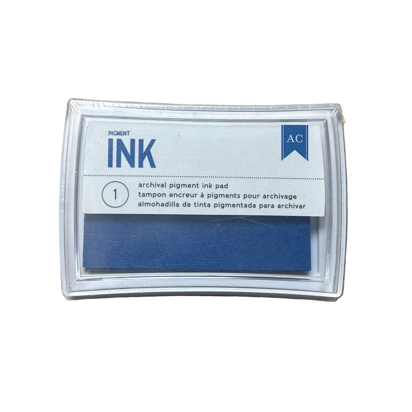 Blue archival pigment ink pad in packaging on a white background