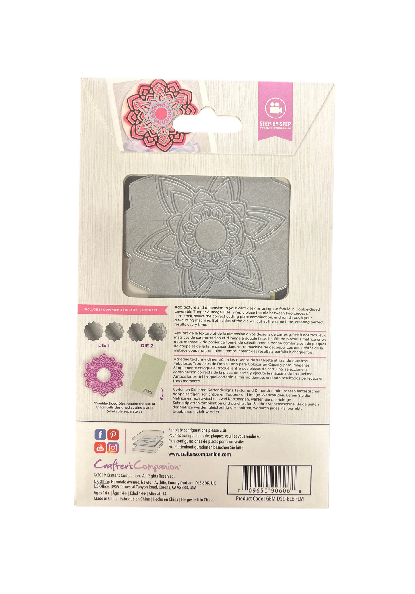 Packaged metal die with floral design on a white background