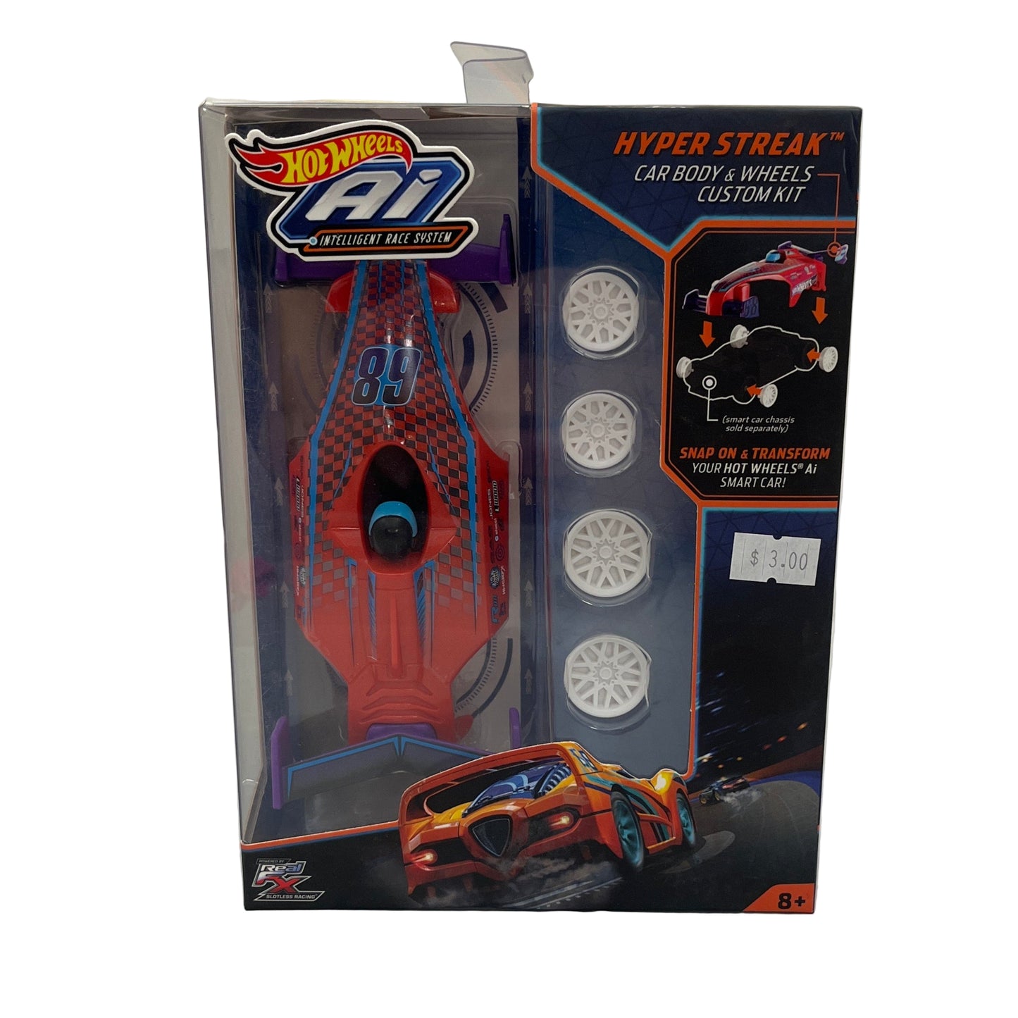 Hot Wheels Hyper Streak car body and wheels custom kit packaging on a white background