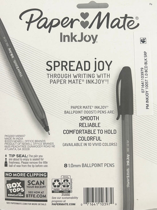 Paper Mate InkJoy ballpoint pen packaging with pen illustration on a white background