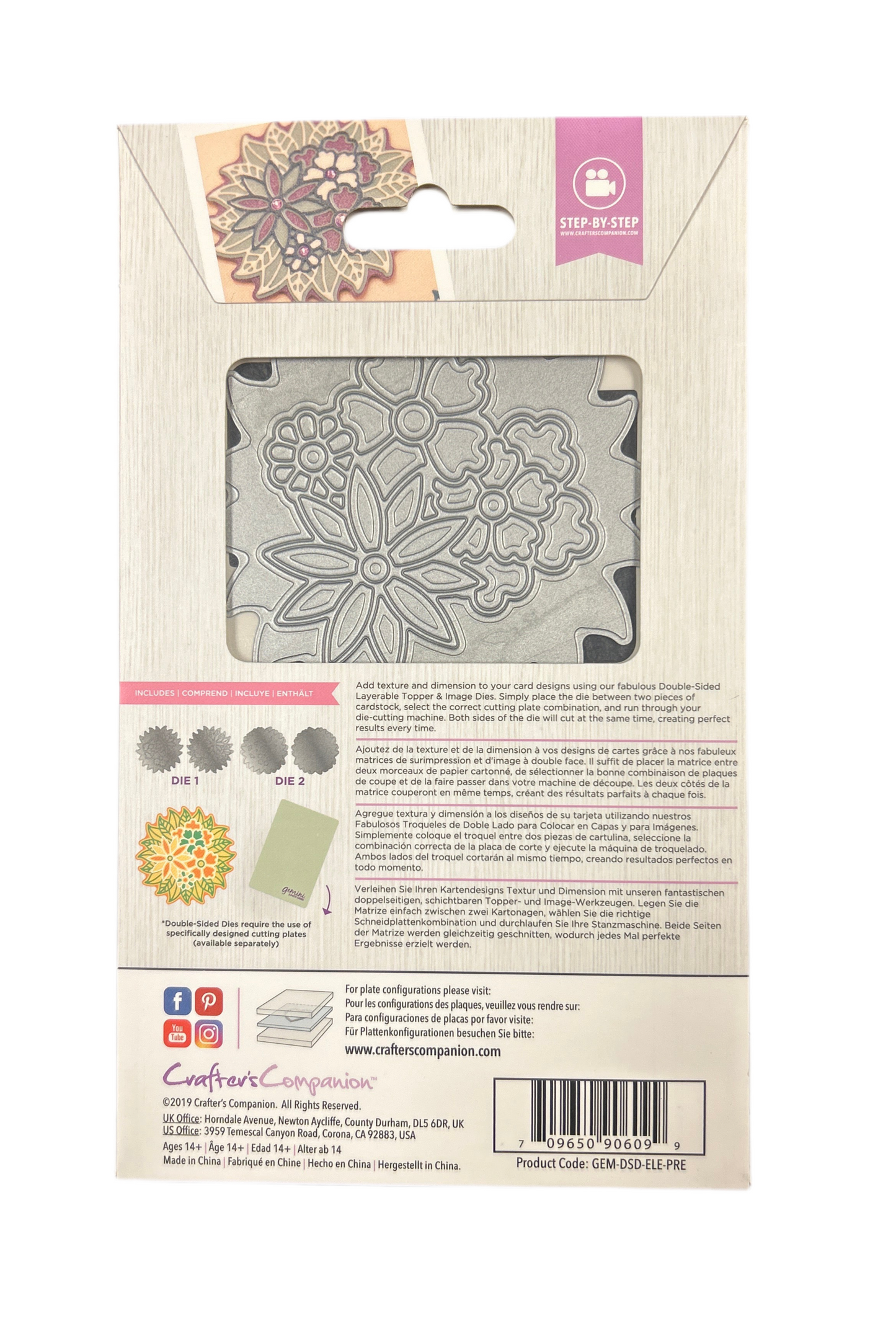 Floral metal die set on packaging with brand logo