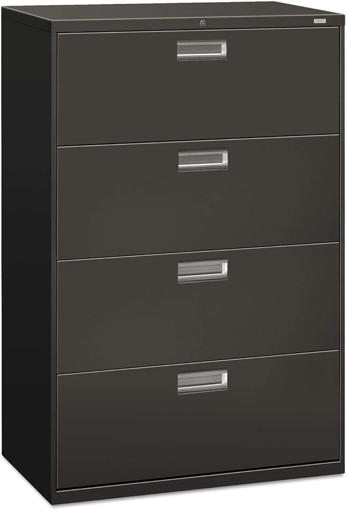 Black four-drawer filing cabinet on a white background