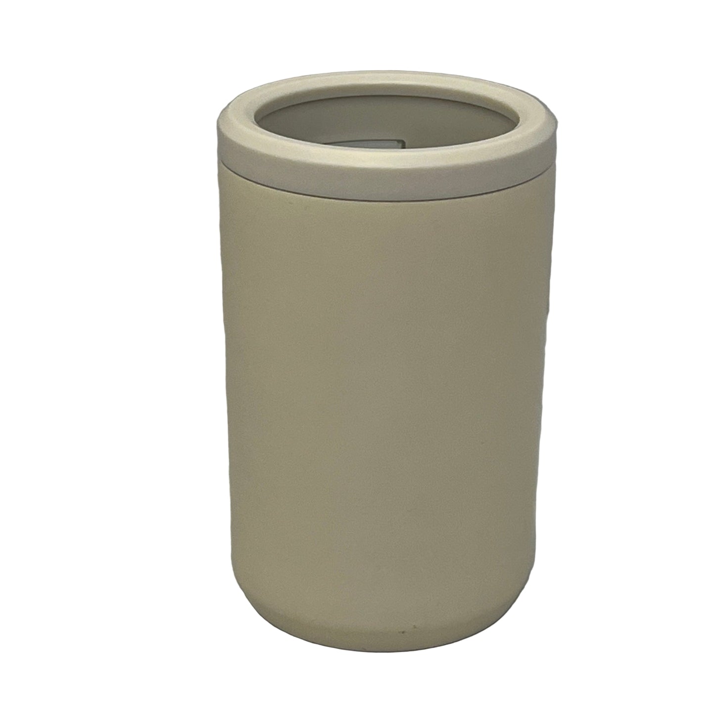 Beige cylindrical trash can with a white lid on a white background
