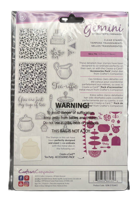 Packaging of Gemini clear stamps by Crafter's Companion with tea-themed designs.