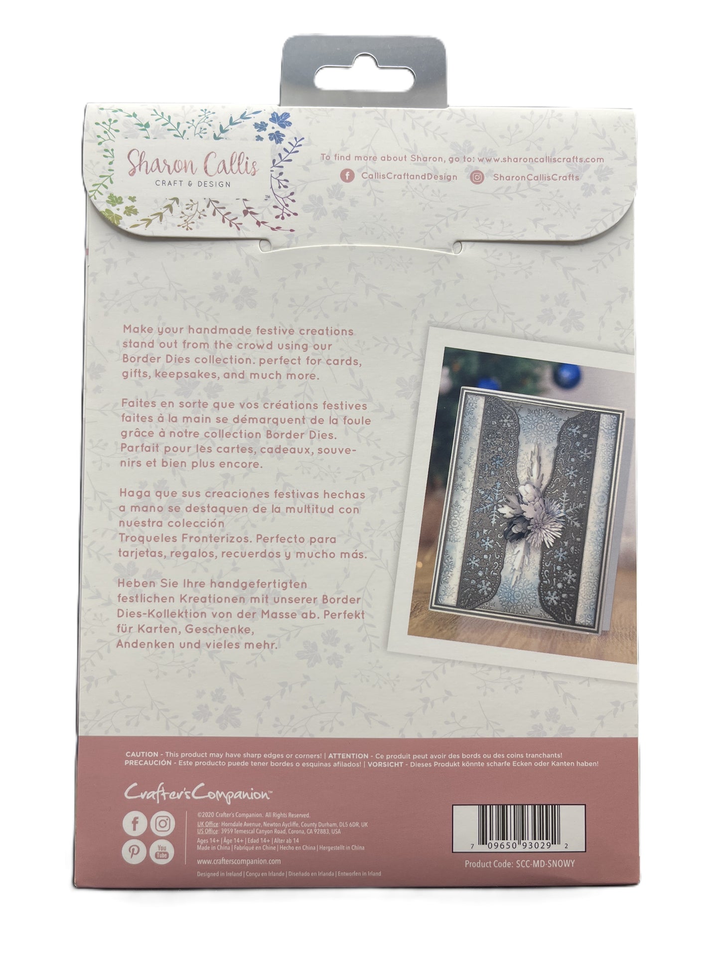 Product packaging with text and a small image of a card on a white background