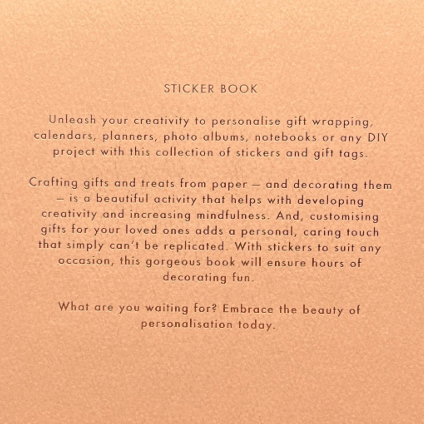 Back cover of a sticker book with text and kikki.K branding on a white background