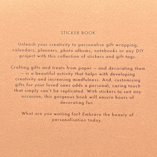 Back cover of a sticker book with text and kikki.K branding on a white background