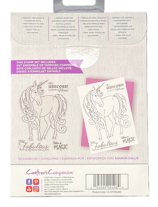 Unicorn-themed stamp set packaging with branding and product details.