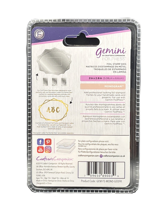 Packaging of Gemini foil stamps with branding and product details.