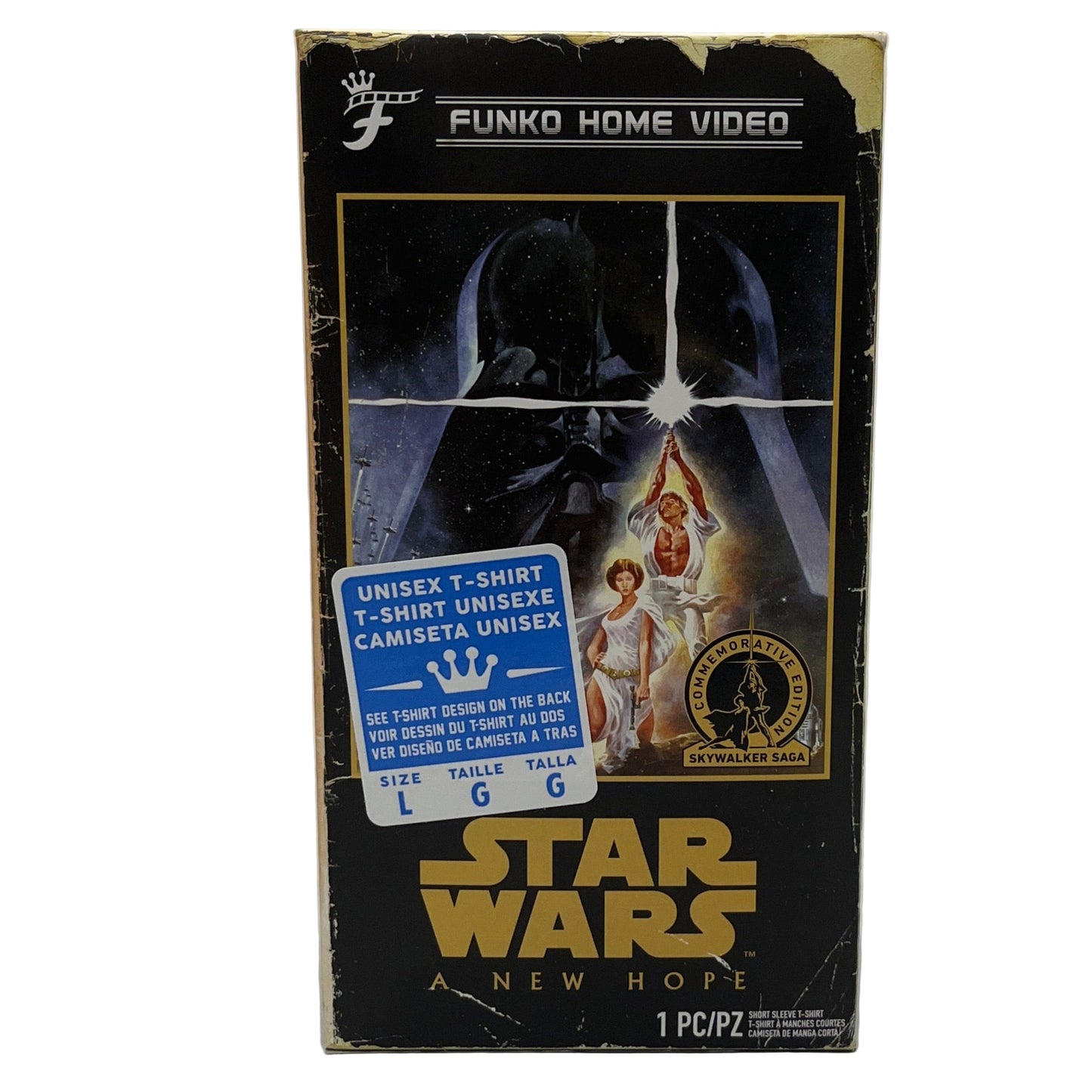Funko Home Video Star Wars t-shirt packaging with Darth Vader and Princess Leia on a black background.