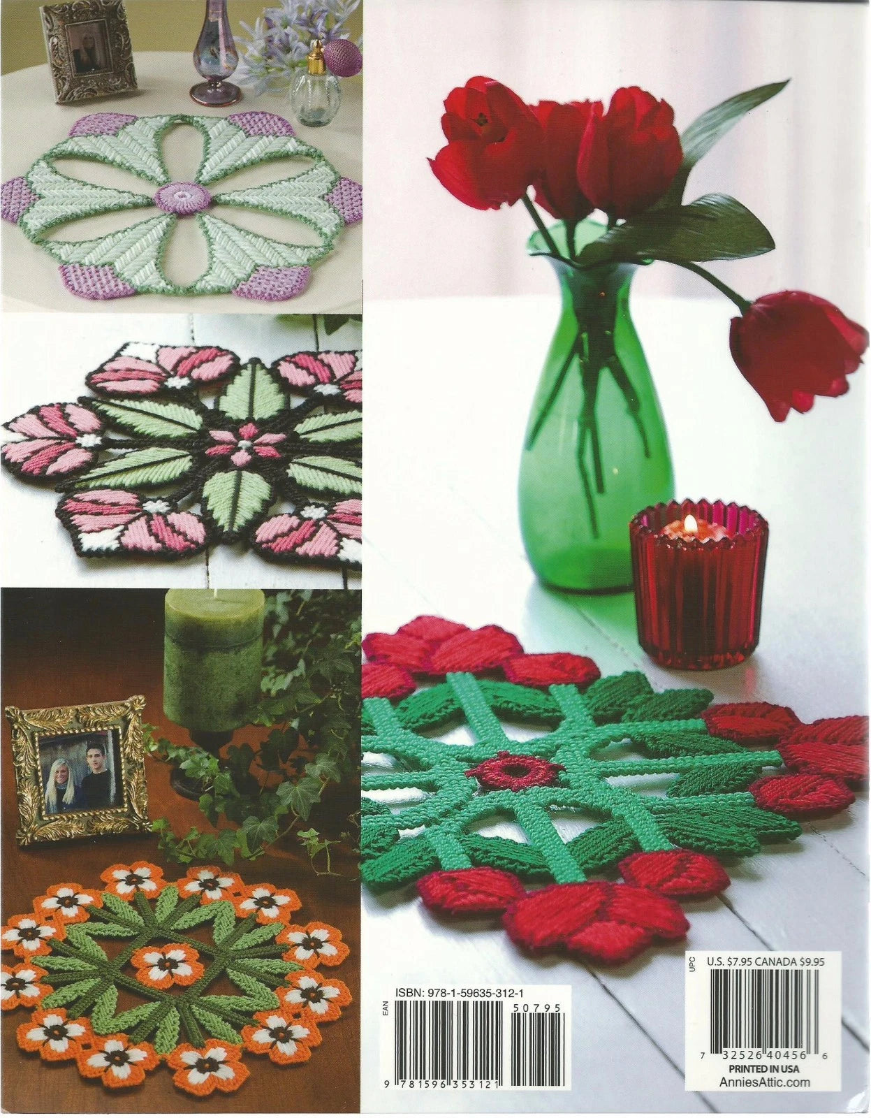 Collection of crocheted coasters with flowers and a vase with red roses on a white background.