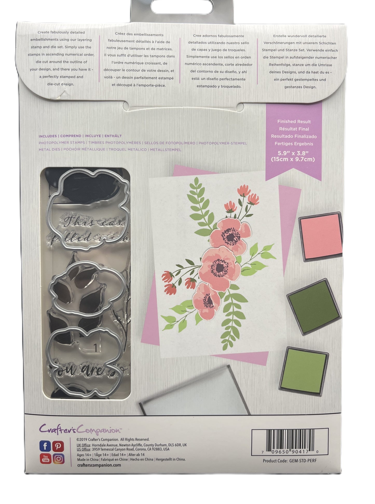 Packaging of metal stamps with floral design and text on a white background