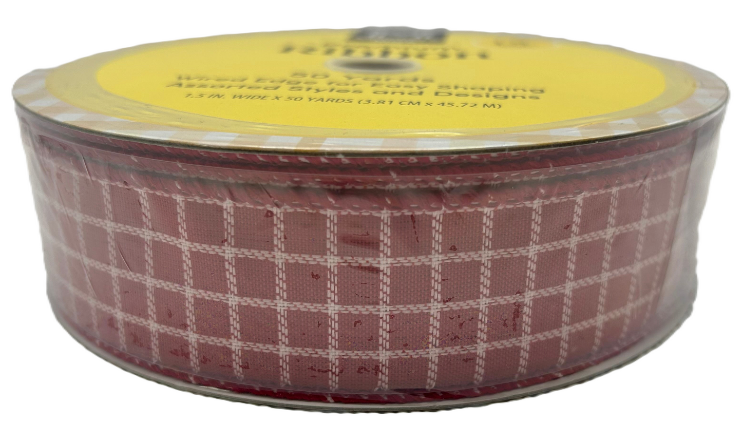 Roll of red and white checkered ribbon with a yellow label