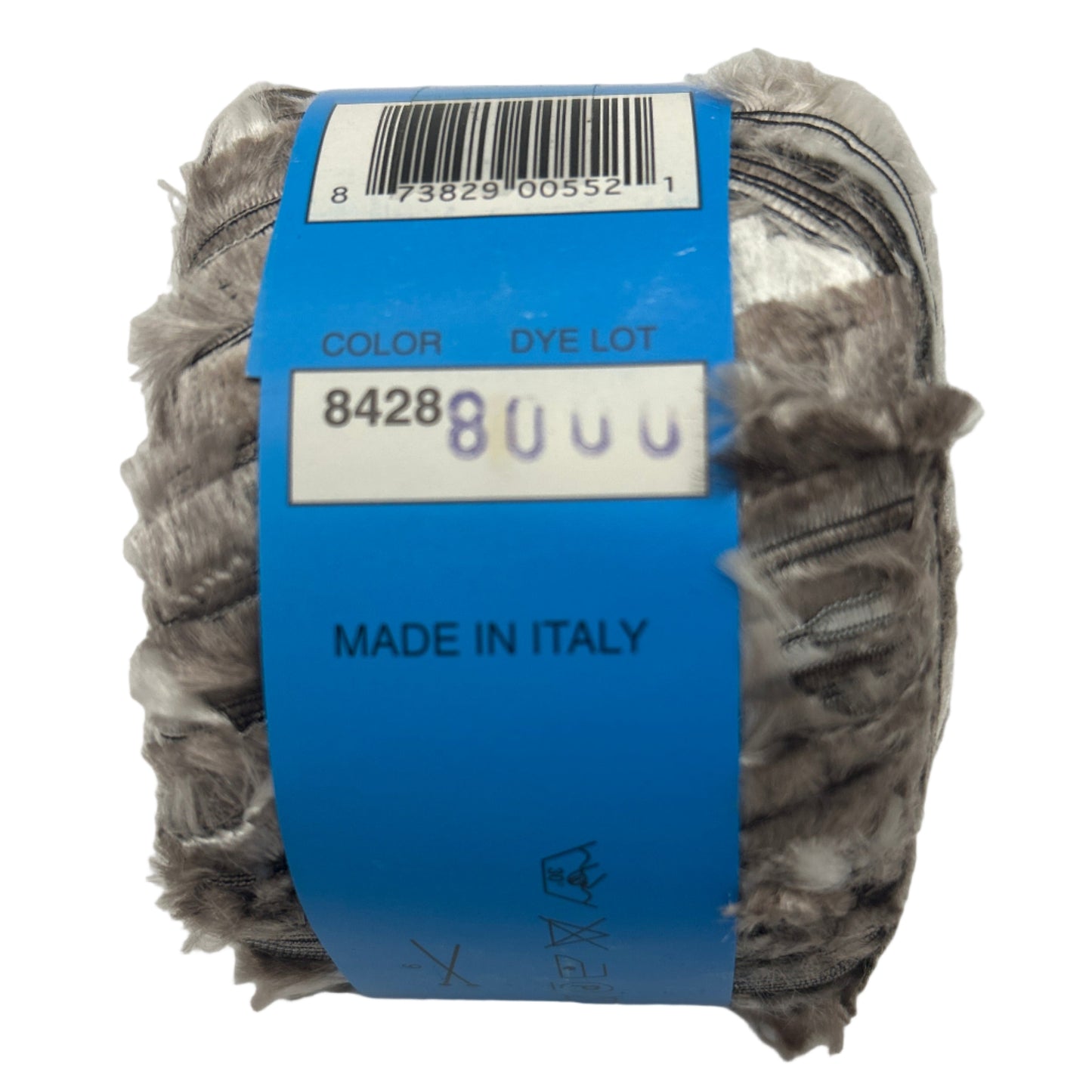 Ball of gray yarn with a blue label on a white background