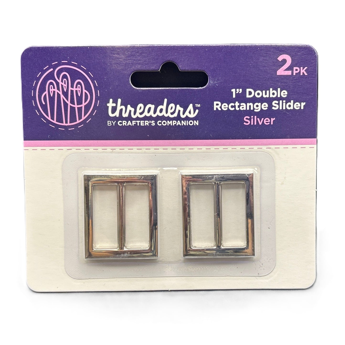 Packaging of Threaders by Crafter's Companion silver double rectangle sliders on a white background