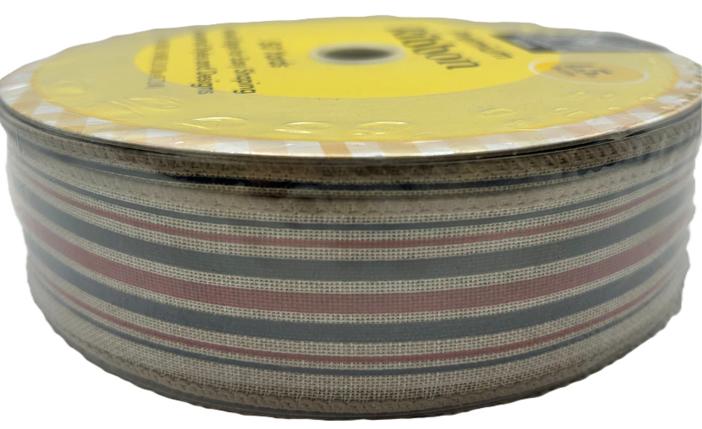 Spool of striped ribbon with a yellow label on a white background