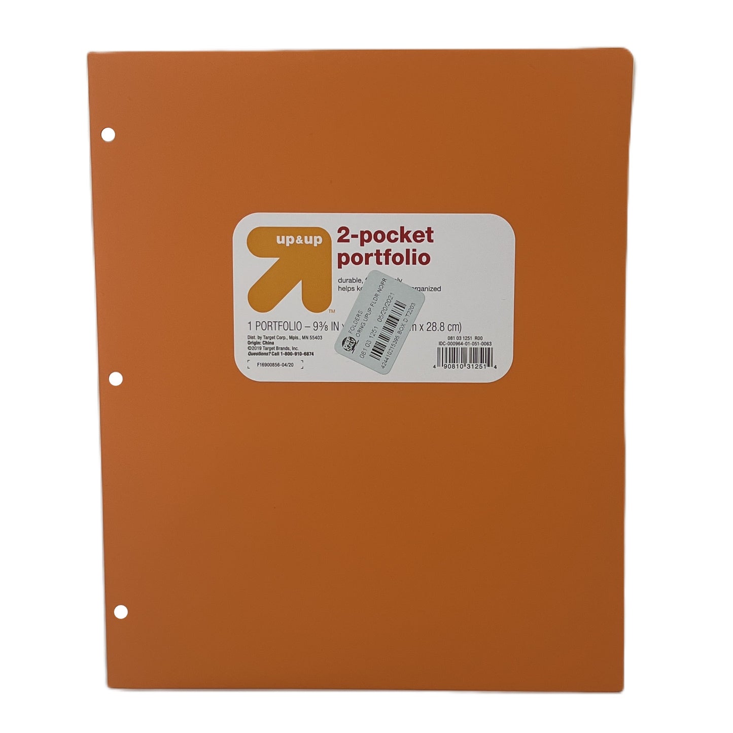 Orange two-pocket portfolio with 'up & up' label on a white background