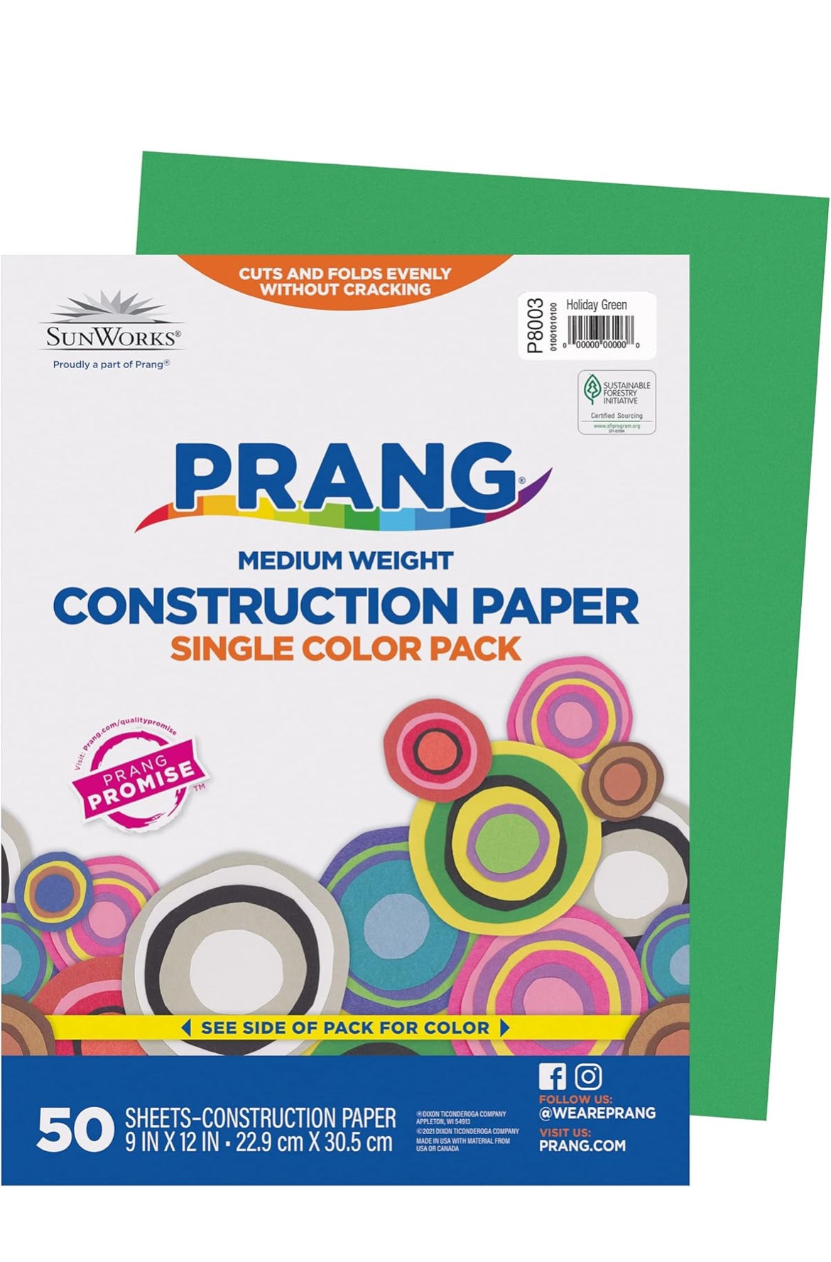 Green construction paper with Prang packaging on a white background