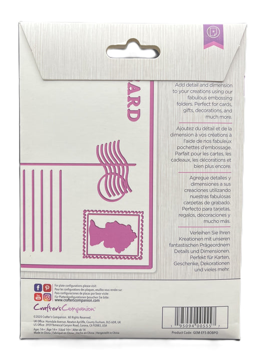 Cardboard packaging with pink graphics and text on a white background