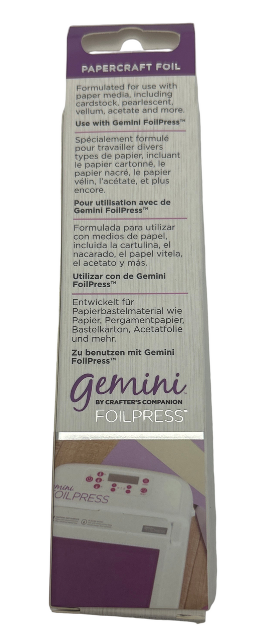 Packaging of Gemini FoilPress machine with purple and white design