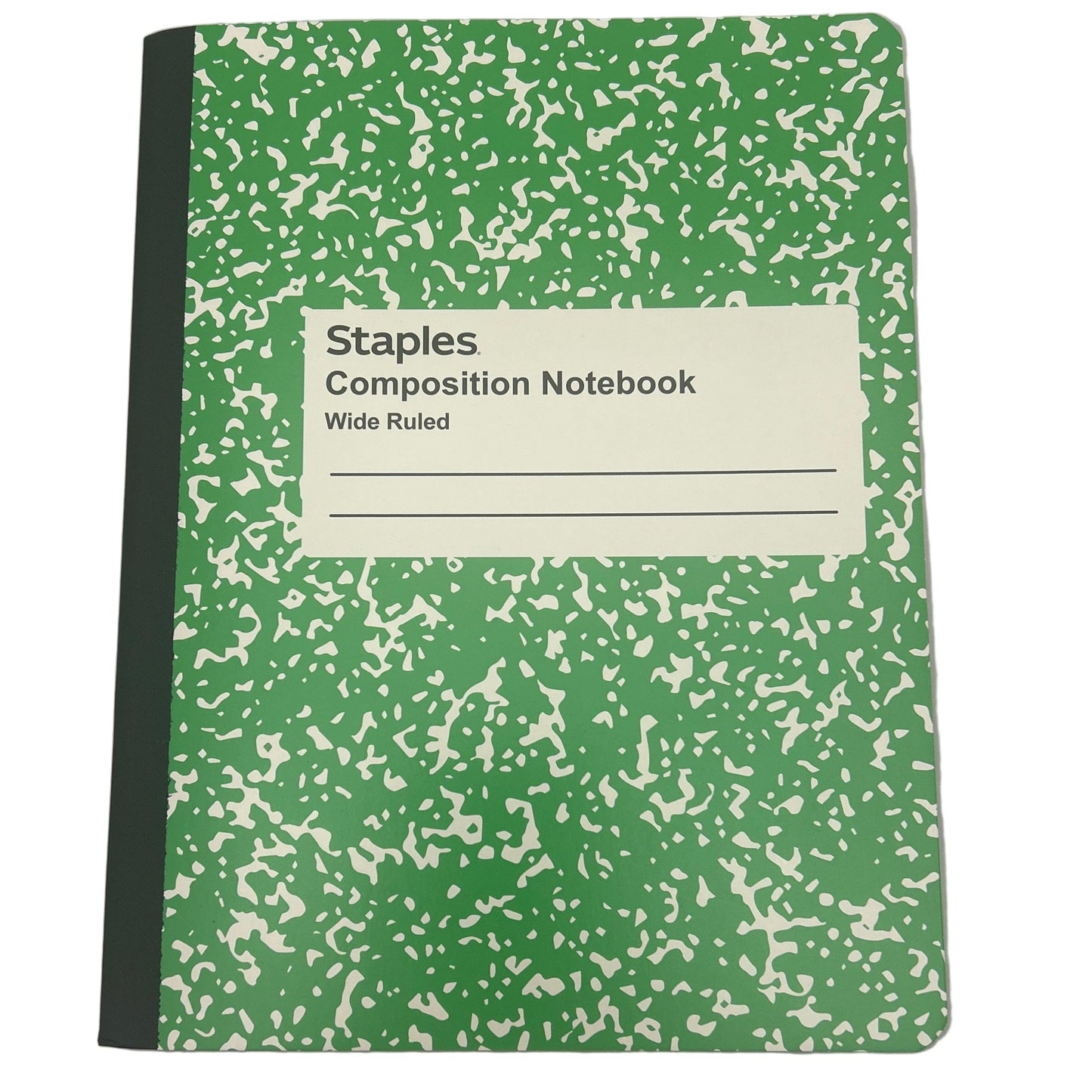 Green composition notebook with speckled pattern on a white background