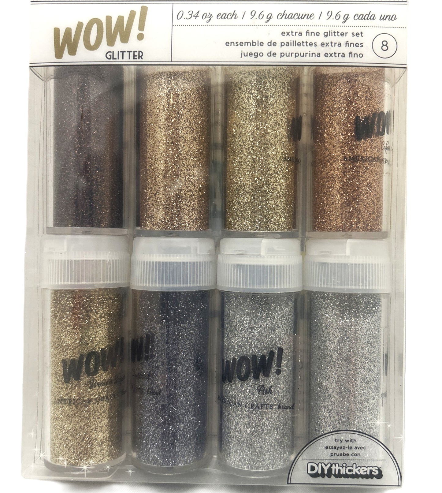 Packaged set of WOW! Glitter in various colors with labels on a white background.