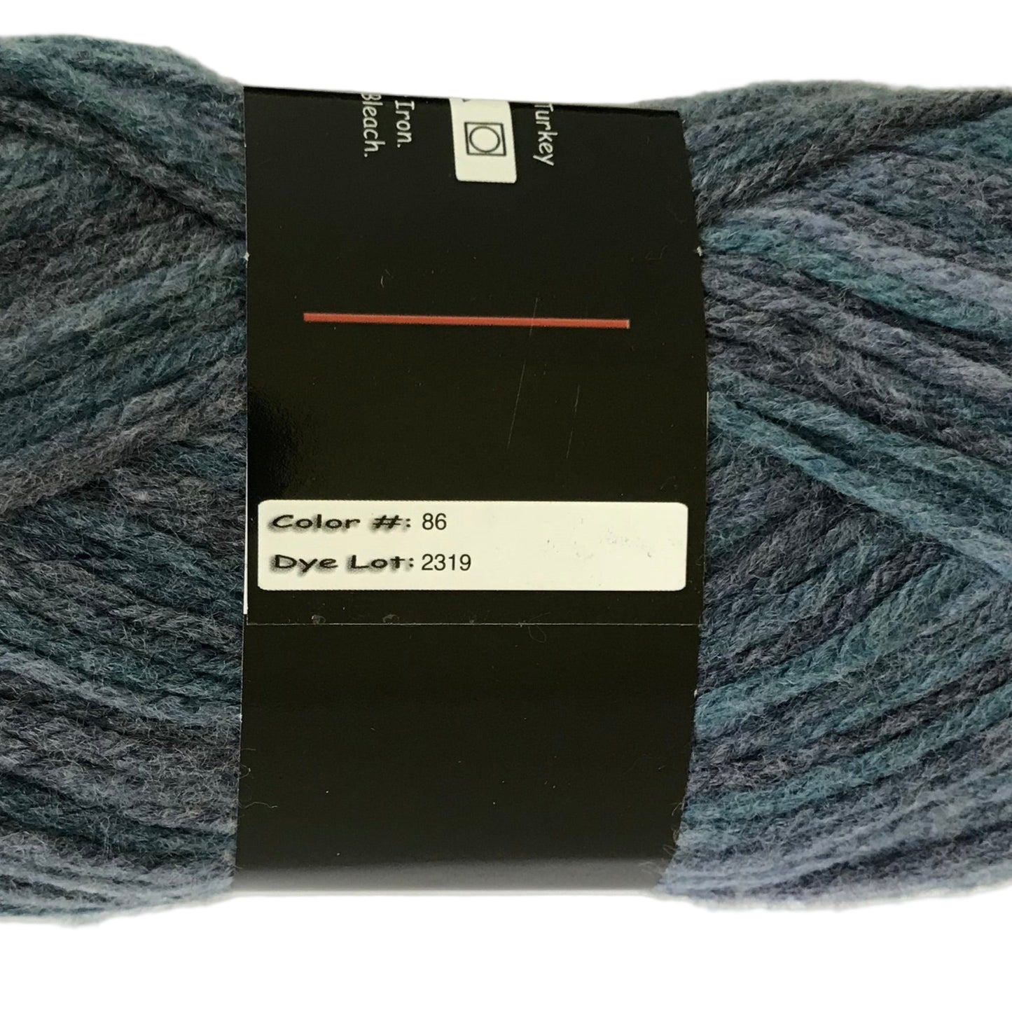 Blue skein of yarn with a label on a white background